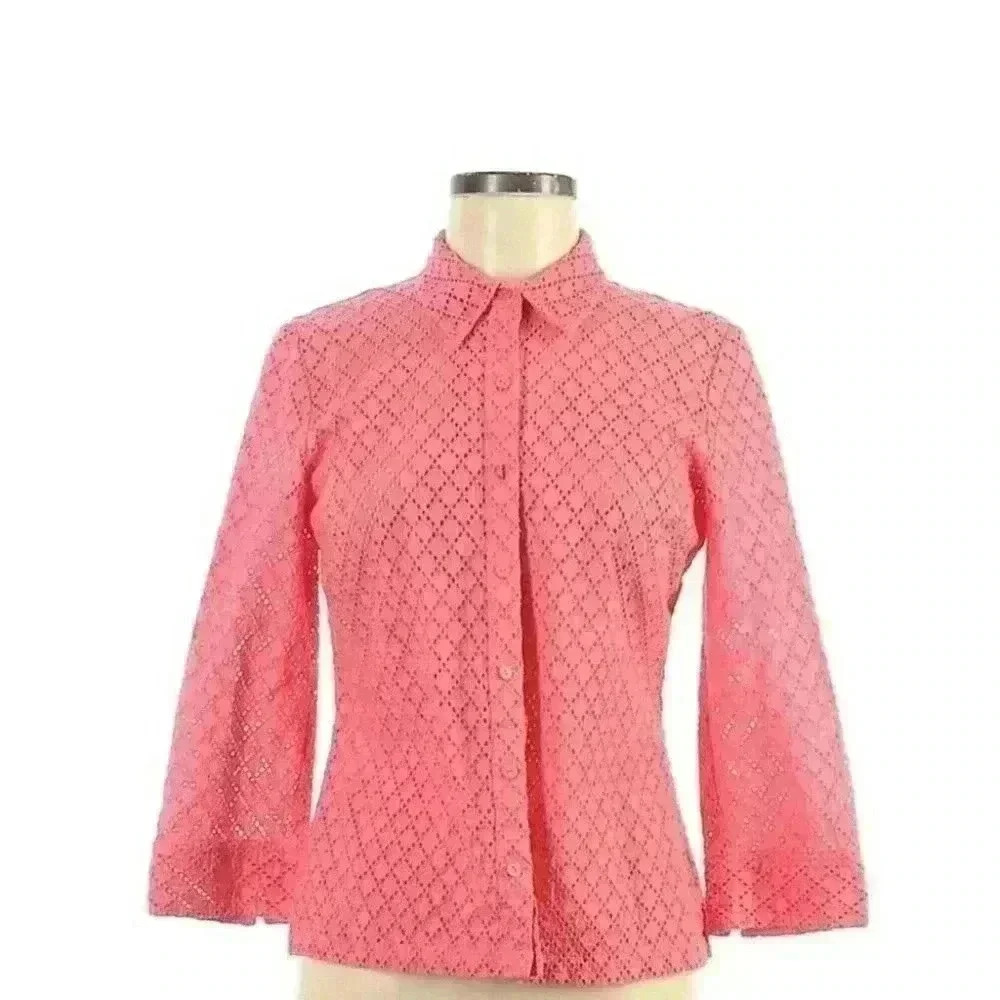 Sigrid Olsen Pink Orange Knitted Button-Up Eyelet Blouse Size Medium Top